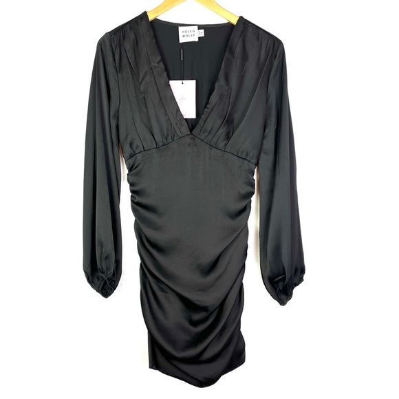 Hello Molly Ruched Deep-V Long Sleeve Black Satin Dress size 6 - Picture 2 of 6